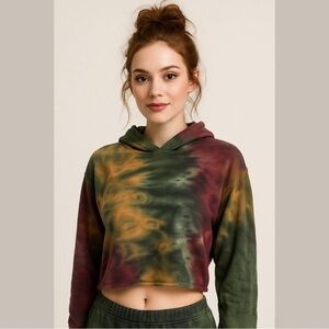 525 Revolve Amber Multi Tie Dye Crop Long Sleeve Pullover Hoodie XS Medium
